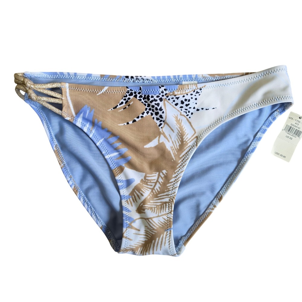 Aerie Tropical Palm Leopard Print Bikini Bottoms Blue Tan Gold Strappy XS New